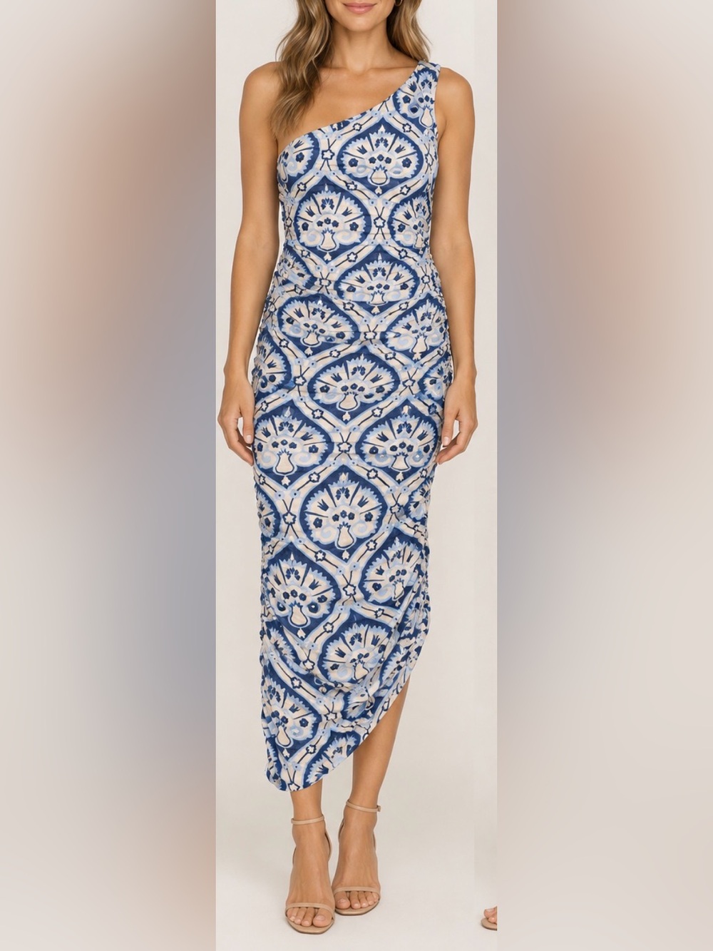 House of Harlow 1960 One Shoulder Ruched Blue & Cream Printed Midi Dress – Small